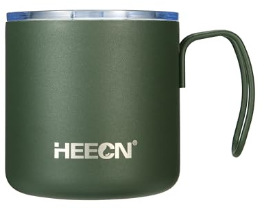 HEECN® Campingbecher Edelstahl Thermobecher, Armeegrün, 330ml | Mit Deckel, Doppelwandige Isolierbecher, Aufhängegriff