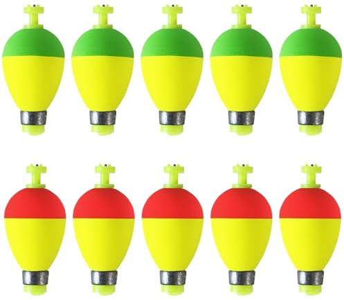 Bombite Fishing Bobbers Floats,10 Packs Weighted Bobbers for Fishing Foam Snap-on Fishing Floats Ball Oval Fishing Corks Bluegill Crappie Panfish Bass Trout Oval-Shape 1.75 in