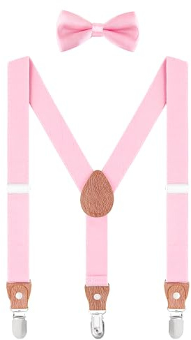 WANYING Set di papillon unisex per bambini, forma a Y, 3 clip, larghezza 2,5 cm, bretelle elastiche e papillon per 3-8 anni, rosa chiaro, Tinta unita rosa chiaro - con papillon, für Kinder 2-8 Jahre