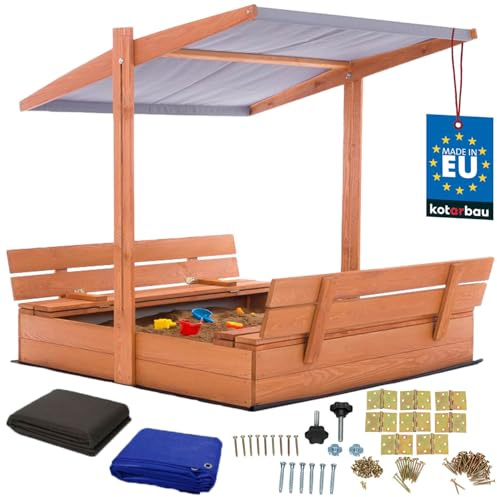 KOTARBAU® Arenero Infantil - Madera - 120 x 120 cm - Marrón - Arenero con Tapa - y Bancos - con Techo Gris - Protección Solar - Cajón de Arena - Zona de Arena Infantil