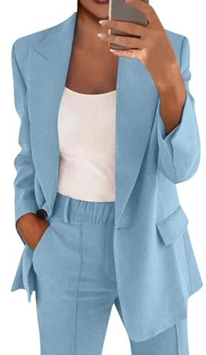 Costumes complets pour femmes - Veste de Costume Ample à Simple Boutonnage Ouverte sur Le Devant de Bureau - pantalon de costume 02-Bleu ciel XL