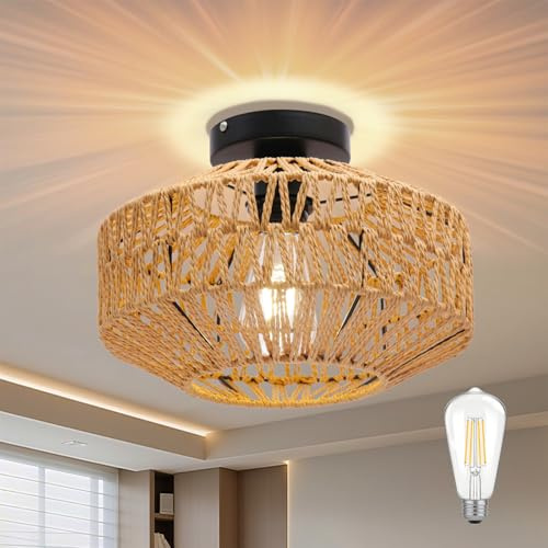 AmazeFun Boho Deckenleuchte Style mit Rattan Lampenschirm - Ø30cm Rattan Deckenlampe Wohnzimmer, E27 Vintage Deckenlampe, Rustikal Deckenleuchte Schlafzimmer, Boho Korb Lampe Für Esszimmer Küche Flur
