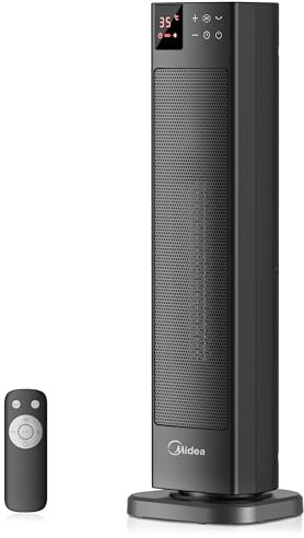 Midea Elektroheizung Keramik 2000W mit Thermostat, 3 Modi 24h-Timer, Überhitzungs- & Kippschutz, Sofortwärme für Büro Schlafzimmer,58CM,Grau