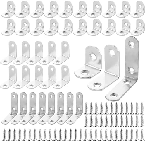 38PCS L Brackets Set, Right Angle Corner Braces, Furniture Support Plates | Silver steel with pre-drilled holes; 38 braces in 3 sizes: 16×20, 16×30 and 16×50 mm, with screws for shelves and cabinets