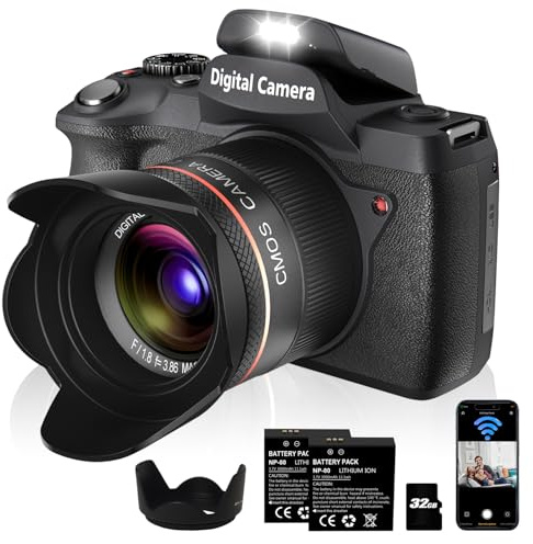 Digital Camera,5K 64MP WiFi Cameras for Photography with Dual-Lens and Lens Hood,32GB Card 2 Batteries,Selfie 4Touch Screen Vlogging Camera for Youtube,Autofocus Flash 18X Digital Zoom Travel Camera