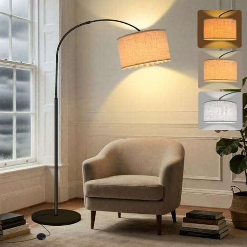 Yicenscoltd Lampada da Terra Arco per Soggiorno - Lampada a LED Dimmerabile 3 Temperature Colore, Lampadina E27 12W Inclusa, Paralume Lino, Interruttore a Pedale - Ideale per Camera, Lettura, Ufficio