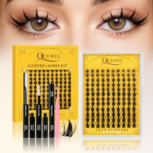 Kit Faux Cils QUEWEL, 120 Faux Cils Manga avec colle et système de fixation, Extension cils naturel en forme de C, aspect naturel, bande fine, facile à utiliser pour les débutants (DJ-FD-C)