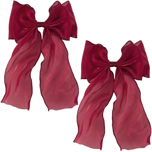 Fiocchi per Capelli da Donna, 2 PCS Fermagli per Capelli Grandi Fiocchi, Seta Francese a Coda Lunga Fiocco Capelli Donna, Tinta Unita Oversized Hair Bows, Adatto a Donne e Ragazze (Rosso)