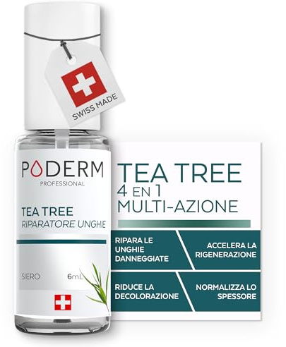 PODERM Tea Tree Riparatore Unghie 6 ml – Siero 4-in-1 | Migliora l’aspetto delle unghie danneggiate, ingiallite e spente – Uniforma lo spessore – Risultati visibili dal primo giorno – Swiss Made