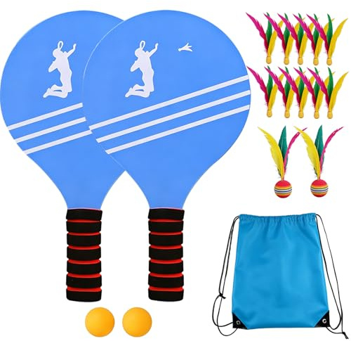 FuYelng 17 Pièces Raquette Plage en Bois avec Sac et3 balles différentes | Beach Ball Game Set avec 2 Raquettes 10 Volant Badminton 2 Badminton Grosse Tête 2 Balles Ping Pong, pour Jardin Fête Cadeau