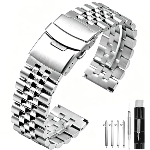 SINAIKE 22 mm Uhrenarmbänder Gebürstetes und poliertes 3D Uhrenarmband aus massivem Silber Edelstahl Jubilee Uhrenarmband mit doppelter Faltschließe