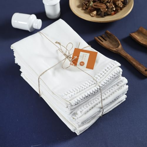 TARAN LIVING Kitchen Towels 100% Cotton Solid Kitchen Dish Cloths, Valentine Decor Hand Towel Reusuable Dish Towel for Cleaning & Drying Tea Towels Set with Hanging Loop - 18x 28, Pack of 6 - White