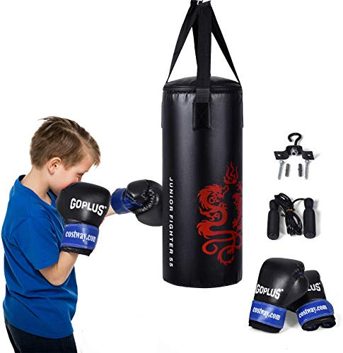 GOPLUS 10 kg Boxsack Set, Kinder Boxset, Boxing Set mit Boxhandschuhe & Springseil, Punching Bag mit Füllung, aus Kunstleder, inkl. Tragetasche & Deckenhalterung, für Kinder und Jugendliche