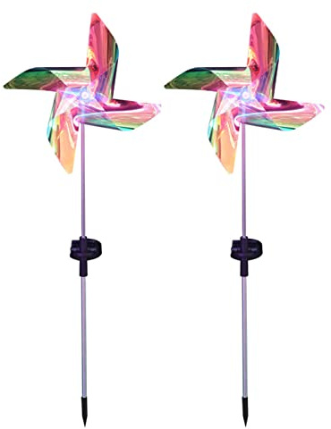 DEDEMCO 2 molinillos de viento solares con estaca de jardín de metal, 72 cm que cambian de color LED al aire libre, molino de viento solar impermeable luz de estaca de paisaje