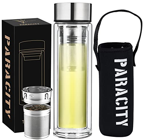 PARACITY Glass Tea Infuser Bottle Teas Flood Cup Double Wall Borosilicate Portable Travel Tumbler Mug Leakproof for Loose Leaf Flower Herbal Tea Bags 13 OZ/380ML (Silver)