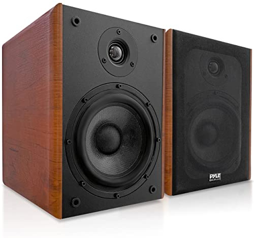 Pyle 5.25 Home Audio Speakers, 2-Way Passive Bookshelf, 200W Max Power, 1 Silk Dome Tweeter, Composite Woofer, Gold Plated 5 Way Binding Post, Rubber Surrounds, Beautiful Wood Grain Finish - Pair