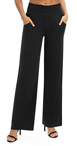 EXCHIC Damen Leichtgewicht Elastisch Hohe Taille Hose Casual Weite Bein Dehnbar Lounge Hosen mit Taschen (M, Schwarz)