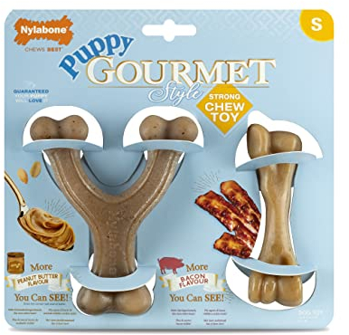 Nylabone Maximale Stärke Tough Extreme Welpe Gourmet Knochen Kauspielzeug, Erwachsene Zähne, durchgehend mit Hühner- und Erdnussbutter, klein, für Welpen 0-11kg, Doppelpack