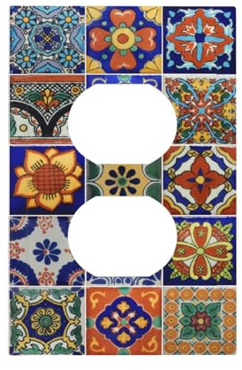 Retro Talavera Tiles Mexican Folk Art 1 Gang Single Electrical Outlet Covers Duplex Receptacle Device Plug Socket Wall Plate Decorative Electrical Faceplate Switchplates Bathroom Bedroom Room Decorate