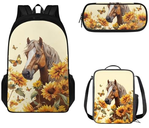 Tomeusey Ensemble sac à dos d'école, sac à dos à bandoulière réglable pour filles et garçons, sac d'école avec boîte à déjeuner isotherme, trousse à crayons, Cheval tournesol.