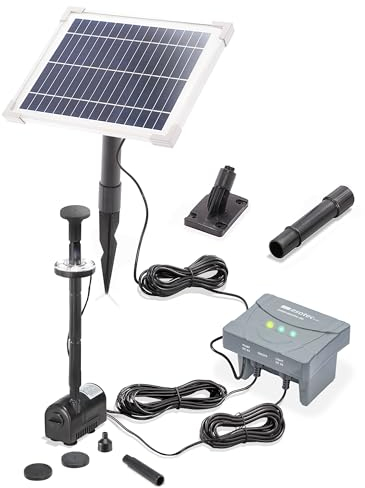 esotec Pompe de bassin solaire avec filtre 6/220 LED pour l'extérieur | Kit pompe d'arrosage 220 l/h | Batterie LiFePo4 | Piquet de terre Panneau solaire 6 W | Fontaine solaire pour étang de jardin |