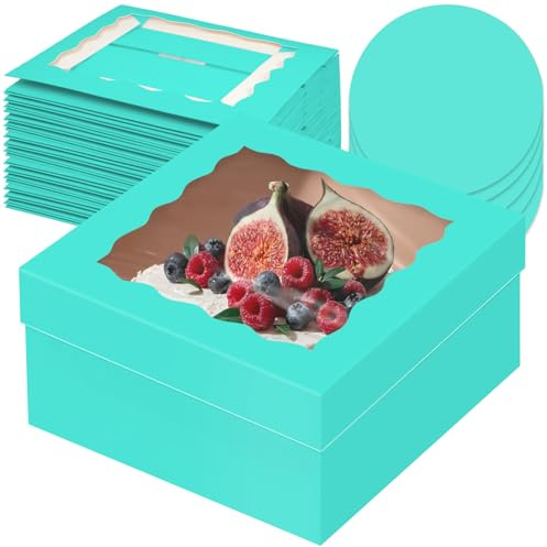 Gcardist 12x12x6 Inch Cake Box, 5 Sets Mint Blue Cake Box with Window & 5 Sets 12 Inch Mint Blue Cake Round Boards, Cake Containers(30.5x30.5x15.2cm)