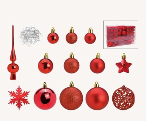 Bolas de Navidad de plástico, 111 unidades, 3 cm, 4 cm, 6 cm, color rojo brillante, mate, estrella, copo de nieve, 23 x 35 x 12 cm