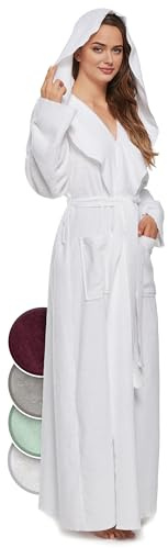 jazzylab Accappatoio con Cappuccio Donna, Extra Lungo, 100% Cotone Spugna, Bianco, L