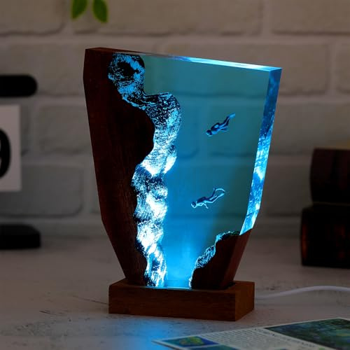 Drawelry Ocean Creative Epoxy Resin Wood Light Lamp, Handmade Multi Color Aquatic Ocean Lamp Deep Sea Cave Diving Enthusiasts Led Night Light Desktop Decor Birthday Gift (Diving, M)