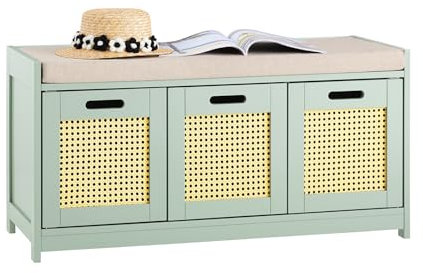 SoBuy Schuhregal schmal mit Sitzfläche, Schuhbank mit Stauraum & Sitzkissen, Sitzbank Flur mit 2 Türen & Korb, platzsparend für kleine Räume, bis 150kg – Grün 90x35x45cm – FSR182-GR