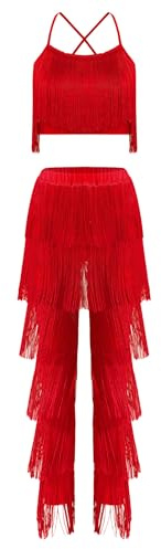 Freebily Abito da Ballo Latino Americano Donna Tango Crop Top Pantaloni con Nappe Frange Completo da Danza Samba Rumba Salsa Costume da Danza Moderna Jazz Cha-Cha Dancewear Rosso L