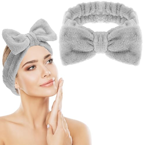 Bandeau de maquillage en flanelle douce et moelleuse avec joli nœud - Facile à laver - Pour soins du visage, bain, douche, yoga, sport - Pour femmes et filles - Gris