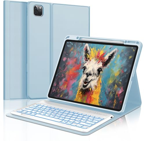 SENGBIRCH Hülle mit Tastatur für iPad Pro 12.9 6./5./4./3. Gen - Deutsches QWERTZ Beleuchtete Tastatur Magnetische Kabelloser Bluetooth Abnehmbar für iPad Air 13 (M3 2025/M2 2024), Blau