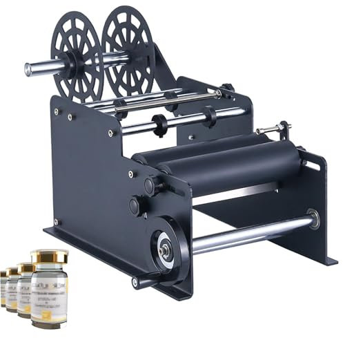 Manuell etiketteringsmaskin for flaskor, rund etiketteringsmaskin, bredd 10-130 mm och längd 10-300 mm Justerbar, hållbart material och lätt att installera, for drycker, medicinska industrier(Black)