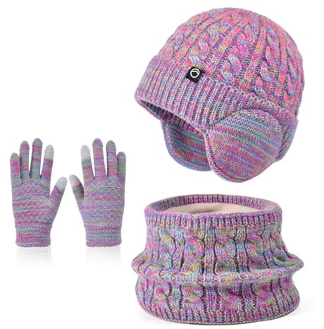 Winter Mütze Schal Handschuh Sets Mädchen Strickmütze Warme Mütze Jungen Wintermütze Fleece Winterschal Elastische Beanie Ohrenklappe Hut Schal Touchscreen-Handschuhe Kinder 4-10 Jahre (Farbe-Mix)