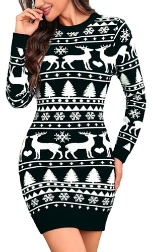 Totatuit Pull de Noël Femme Élégant Robe Pull Ajustée Mode Festive Col Rond Manches Longues Hiver Noir，S