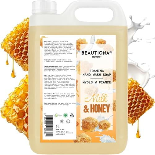 Savon moussant au lait et au miel 5 l - Savon crémeux pour les mains et le corps - Pour recharges - Savon liquide riche pour le quotidien et le commerce
