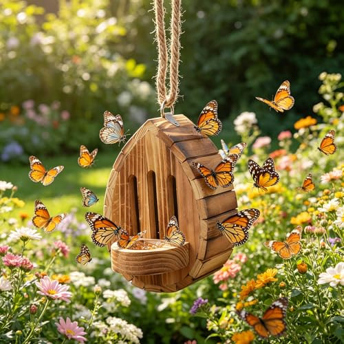 Generic Casa de mariposas de madera y comedero, casa de mariposa colgante con cuerda para exterior, comedero de hábitat de madera en forma de lágrima, apoya la cría, para patio, balcón, jardín