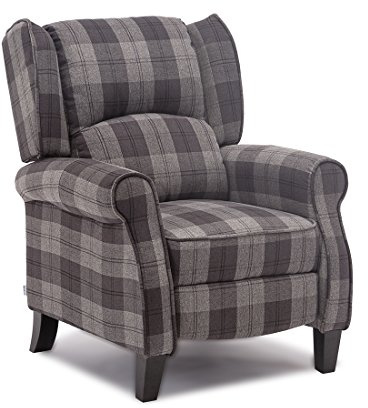 More4Homes EATON WING BACK FIRESIDE CHECK FABRIC RECLINER ARMCHAIR SOFA CHAIR RECLINING CINEMA (Grey)