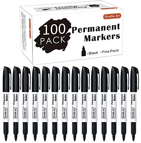 Shuttle Art 100 Pack Black Permanent Markers, Fine Point Permanent Marker Pens Set Perfect on Plastic, Wood, Stone, Metal and Glass for Doodling, Writing, Marking, Office School Supplies
