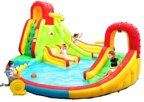 WELLFUNTIME Inflatable Water Park with Blower, Bouncy Castle & Jumping Castle 2 Slides, Climbing Wall, Water Gun, Lounge and Basketball Hoop, 165 x 165 x 90.5 Inch