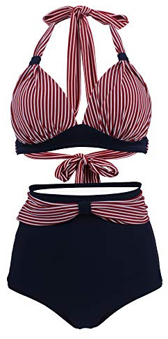 VILOREE vintage 50-tals dam badmode bikiniset push-up hög midja nackhållare magen väg, S