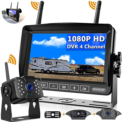 RV Backup Camera Wireless DOUXURY IP69 Waterproof 170° Wide View Angle HD 1080P Rear View Camera + HD LCD 7 Monitor, Digital Wireless Camera System for RV Truck 5th Wheel Trailer Pickup Camper Bus
