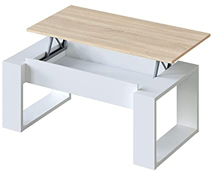 Habitdesign Mesa de Centro elevable, Mesita para Salon, Mesa Auxiliar, Modelo Nova, Acabado en Color Blanco Artik y Roble Canadian, Medidas: 105 cm (Largo) x 55 cm (Ancho) x 45-54 cm (Fondo)