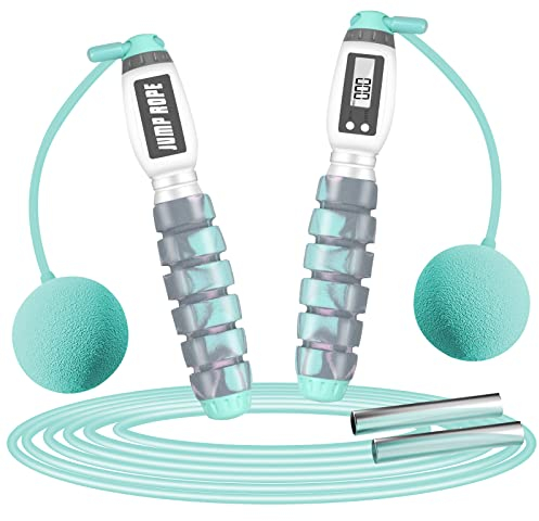 VINSOC Springseil mit Zähler, Speed Rope Springseil Erwachsene mit Kalorienzähler zum Abnehmen, Längenverstellbares Seil für Männer, Frauen und Kinder - Grüner Schaumstoffgriff