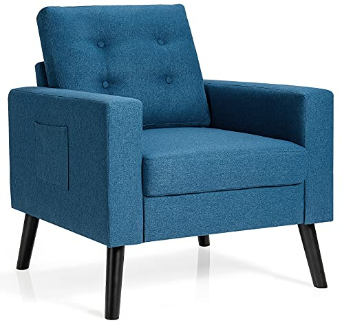 COSTWAY Sessel mit 2 Seitentaschen, Ohrensessel mit Armlehnen und Rückenkissen, Einzelsofa gepolstert, Fernsehsessel Relaxsessel Clubsessel, für Wohnzimmer, Schlafzimmer & Büro, modern (Blau)