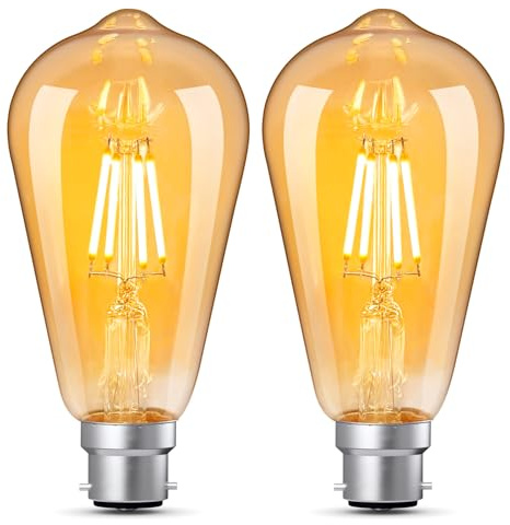 YOUDIAN Vintage Bayonet LED Light Bulb 4W,40 Watt Equivalent,B22 ST64 2700K Warm White Bulb,Antique/Retro Amber Glass Lamp,Not-dimmable,Bayonet LED Filament Lamp Squirrel Cage,400LM, 2 Pcs