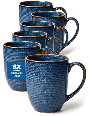 Grünhirsch® Premium Kaffeetassen 6 x 380ml mit Henkel aus Keramik (blau) - Tassen 6er Set für Tee & Kaffee - Teetasse & Cappuccino-Tasse groß - Kaffee-Tassen & Becher - Coffee Cups dickwandig