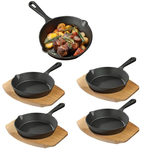 Navaris Cast Iron Skillets With Wooden Base - Set of 4 - 6 (15cm) Heavy Duty Frying Pans