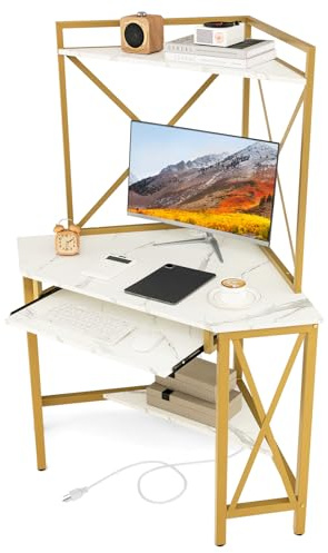 COSTWAY Skrivbord med laddningsstation, hörn datorbord med tangentbordshylla och 2 hyllor, kontorsbord metallram, arbetsbord för hemmakontor, 80 x 80 x 145 cm (vit)